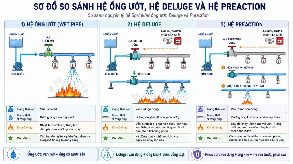 So sánh nguyên lý hệ Sprinkler ống ướt Deluge và Preaction